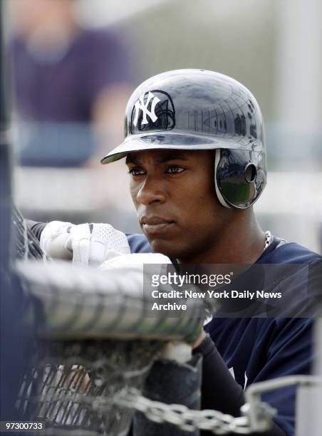 New York Yankees' minor league prospect Austin Jackson watches batting practice during spring training camp at Legends Field in Tampa, Fla.