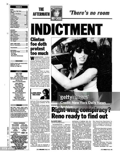 Daily News page 2 dated April 3 Headline: INDICTMENT, Clinton foe doth protest too much, In gym togs, Paula Jones drives past media yesterday in Long...