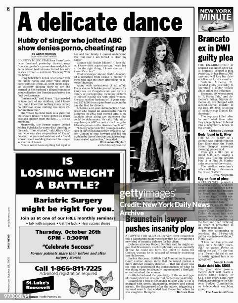 Daily News page 20 dated Octobert 18 Headline:A delicate dance, Hubby of singer who jolted ABC show denies porno, cheating rap, Sara Evans, senn...
