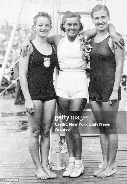 Champion swimmers Kitty Rawls, Eleanor Holm and Lenore Kight at Jones Beach.