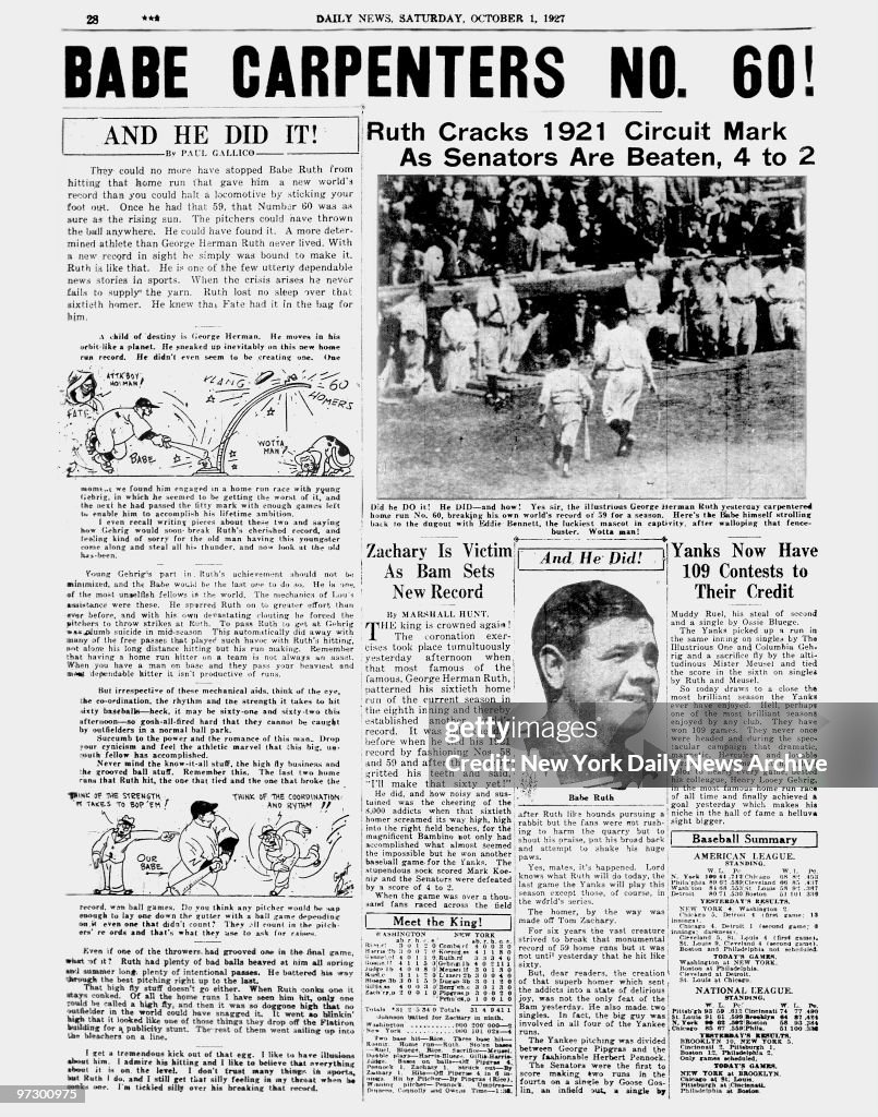 Daily News page 28, October 1, 1927, Headlines: BABE CARPE