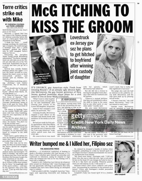 Daily News page 3 dated April 28 Headline: McG ITCHING TO KISS THE GROOM, Lovestruck ex-jersey gov sez he plans to get hitched to boyfriend after...