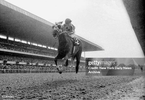 Jockey Ron Turcotte could use a telescope to see Twice A Prince, 31 lengths back, as he brings Secretariat home for the Triple Crown at the 105th...