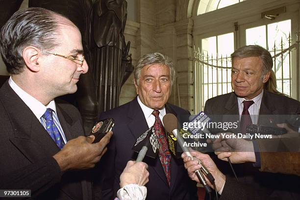 Singer Tony Bennett is flanked by Interim Schools Chancellor Harold Levy Tony Bennett and City Council President Peter Vallone at City Hall. Bennett...