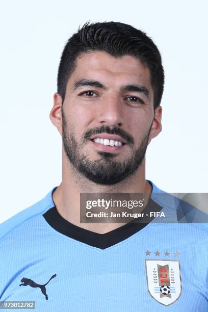 Luis Suarez of Uruguay poses for a portrait during the official FIFA World Cup 2018 portrait session at Borsky Sport Centre on June 12, 2018 in...