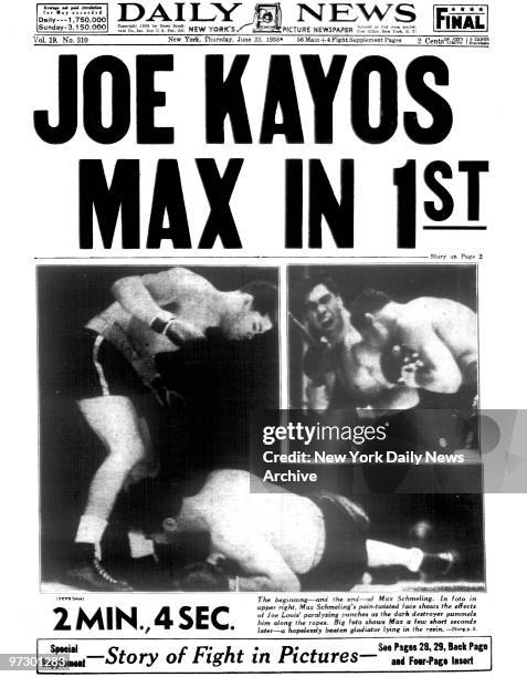 Front page of the Daily News dated June 23 Headline: JOE KAYOS MAX IN 1ST, Joe Louis knocks out Max Schmeling in the first round of their boxing...