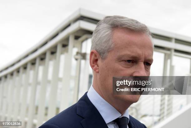 French Finance Minister Bruno Le Maire talks to the press on June 13, 2018 following a meeting at the ADP headquarters in Tremblay-en-France near...