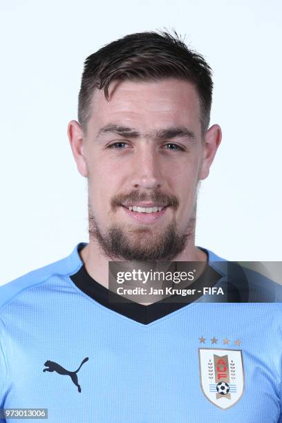 Sebastian Coates of Uruguay poses for a portrait during the official FIFA World Cup 2018 portrait session at Borsky Sport Centre on June 12, 2018 in...