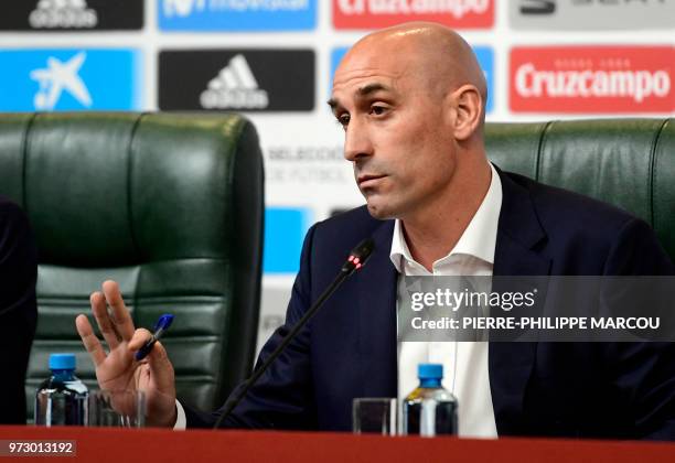 President of the Spanish Football Federation, Luis Rubiales, attends a press conference at Krasnodar Academy on June 13 ahead of the Russia 2018...