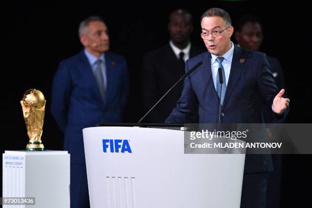 President of the Royal Moroccan Football Federation Fouzi Lekjaa presents the Morocco 2026 bid during the 68th FIFA Congress at the Expocentre in...