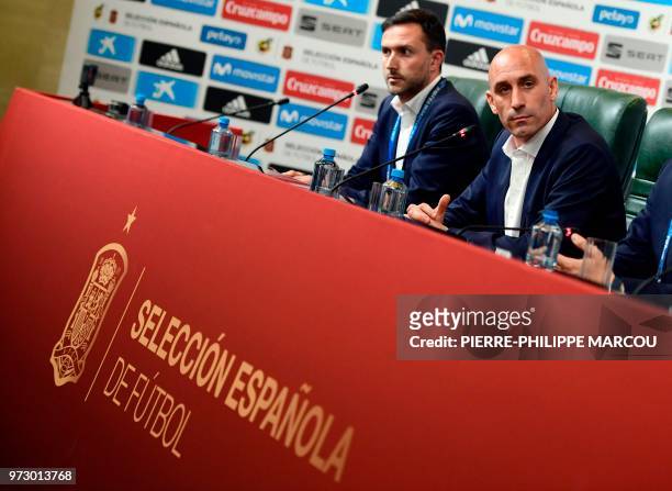 President of the Spanish Football Federation, Luis Rubiales , attends a press conference at Krasnodar Academy on June 13 ahead of the Russia 2018...