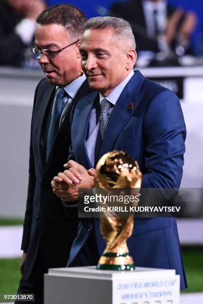 President of the Royal Moroccan Football Federation Fouzi Lekjaa and Moulay Hafid Elalamy, chairman of the Moroccan Committee bidding for the 2026...