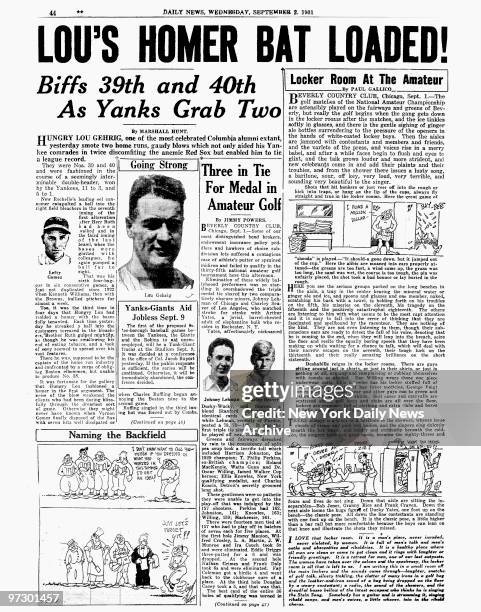 Daily News page 44 dated Sept. 2 Headlines: LOU'S HOMER BAT LOADED!, Biffs 39th and 40th As Yanks Grab Two, Lou Gehrig