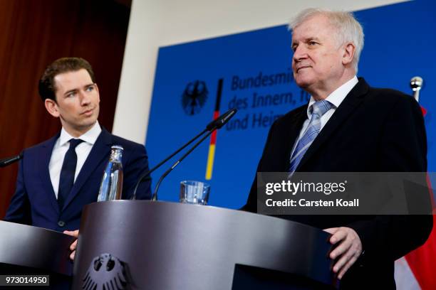 Austrian Chancellor Sebastian Kurz and German Interior Minister Horst Seehofer attend a press conference on June 13, 2018 in Berlin, Germany. Both...