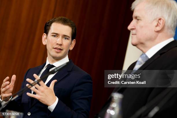 Austrian Chancellor Sebastian Kurz and German Interior Minister Horst Seehofer attend a press conference on June 13, 2018 in Berlin, Germany. Both...