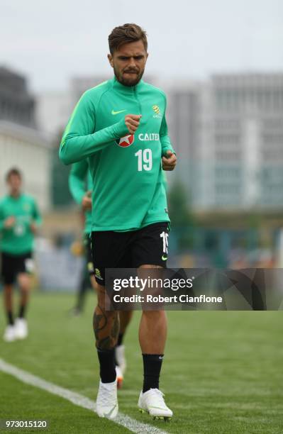 Josh Risdon of Australia warms up during an Australia Socceroos training session ahead of the FIFA World Cup 2018at Stadium Trudovye Rezervy on June...