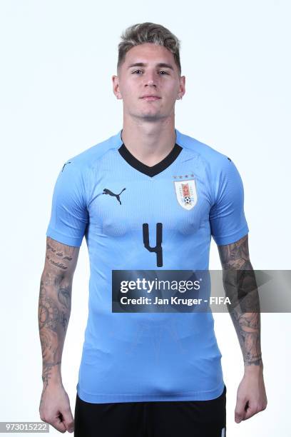 Guillermo Varela of Uruguay poses for a portrait during the official FIFA World Cup 2018 portrait session at on June 12, 2018 in Nizhniy Novgorod,...