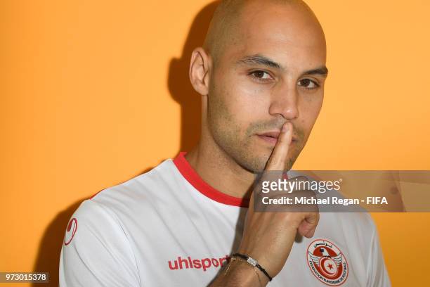 Yohan Benalouane of Tunisia poses during the official FIFA World Cup 2018 portrait session at on June 13, 2018 in Moscow, Russia.