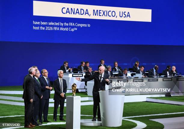 President Gianni Infantino addresses the United 2026 bid officials Carlos Cordeiro, president of the United States Football Association, president of...