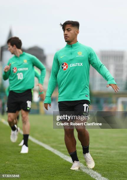 Daniel Arzani of Australia warms up during an Australia Socceroos training session ahead of the FIFA World Cup 2018at Stadium Trudovye Rezervy on...