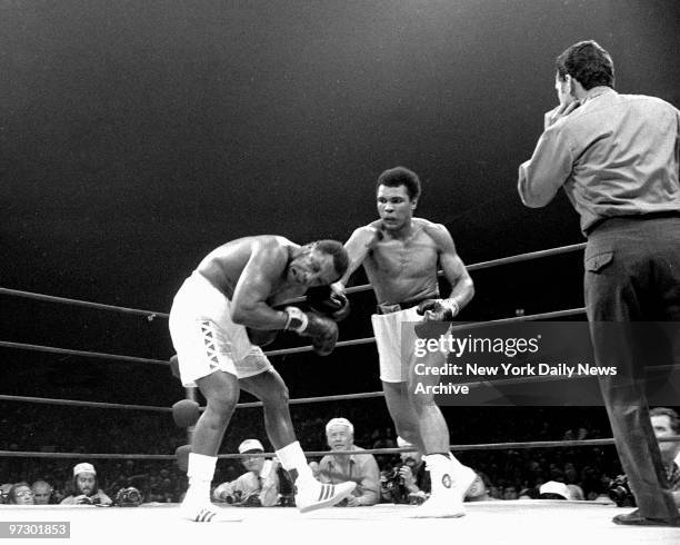 Joe Frazier knocking out Muhammad Ali in the 15th round at Madison Square Garden.