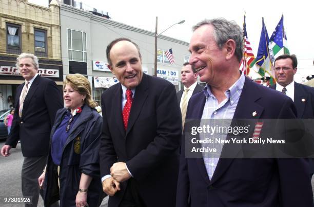 Mayor Giuliani marches with Republican mayoral candidate Michael Bloomberg during a Memorial Day Parade in Douglaston, Queens. The mayor was also...