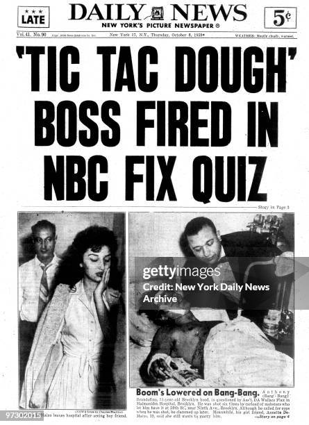 Front page of the Daily News from October 8, 1959..Headline: Tic Tac Dough Boss Fired in NBC Fix Quiz..NOTE: Page must be shown in its entirety.