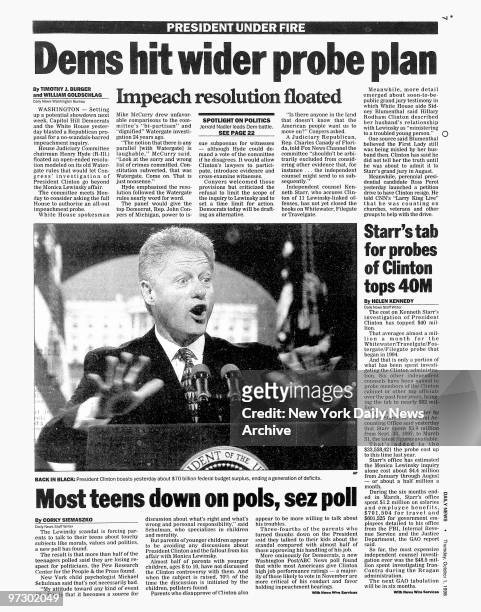 Daily News page 7 dated October 1 Headline: Dems hit wider probe plan, Impeach resolution floated, Back in Black: President Clinton boasts yesterday...