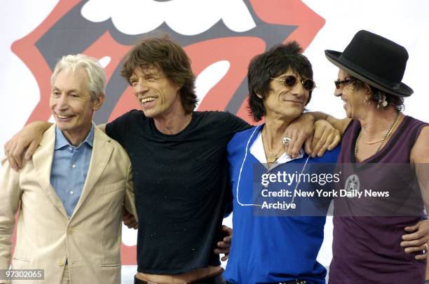 Charlie Watts, Mick Jagger, Ron Wood and Keith Richards attend a news conference at Lincoln Center to announce a Rolling Stones' world tour in...