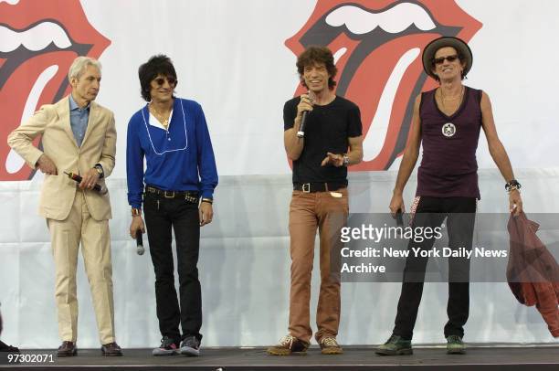 Charlie Watts, Ron Wood, Mick Jagger and Keith Richards attend a news conference at Lincoln Center to announce a Rolling Stones' world tour in...