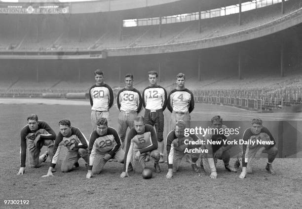 New York Giants first football practice at the Polo Grounds., Lineup of team made up of new men front linemen Gene Rose, Art Lewis, Gaines Davis, Len...