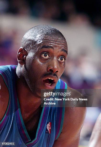 Charlotte Hornets' forward Anthony Mason catches his breath during game against the New York Knicks' at Madison Square Garden.