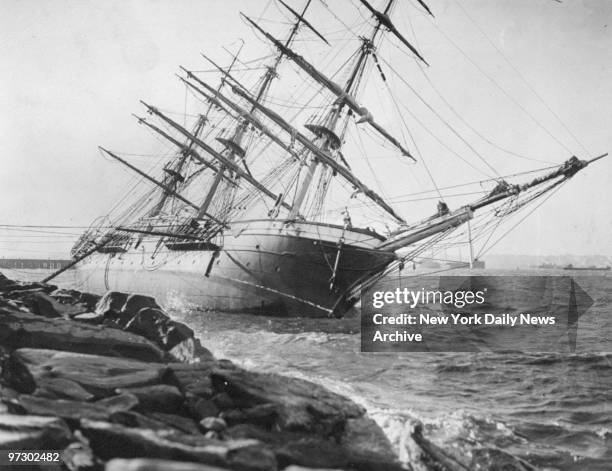Three-masted British Schooer "Joseph Conrad," ship of Alan Villiers, Australian adventurer and author, on the rocks off 69th Street, where she was...