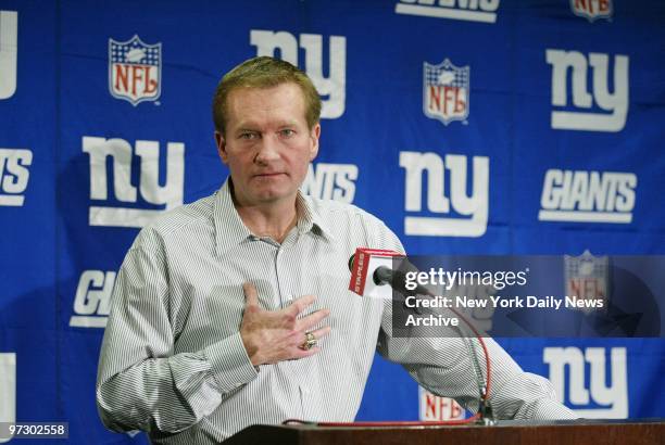 New York Giants' head coach Jim Fassel speaks to media at Giants Stadium the day after his team blew a 24-point lead and lost to the San Francisco...