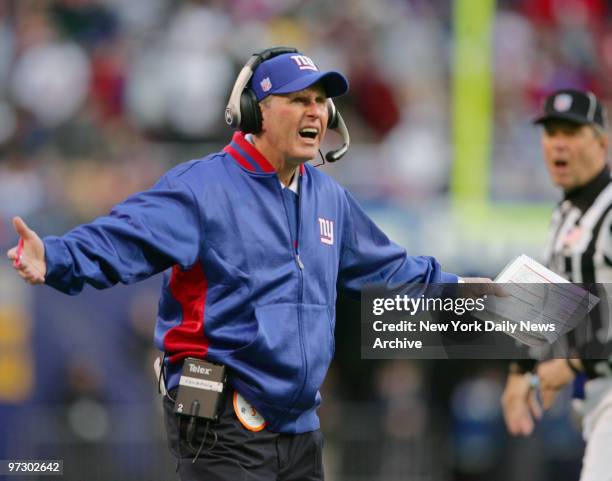 New York Giants' head coach Tom Coughlin expresses his frustration over a call during a game against the Denver Broncos at Giants Stadium. The Giants...