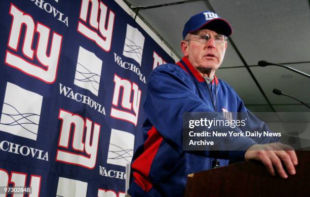 New York Giants' head coach Tom Coughlin speaks to media during a news conference at Giants Stadium where the team held a practice in preparation for...