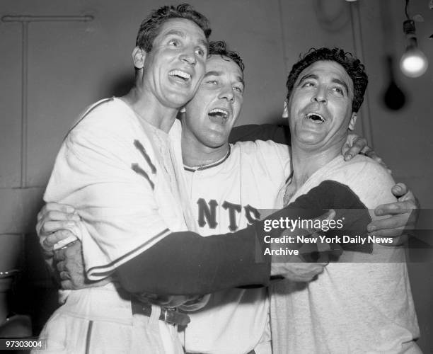 New York Giants' hero Bobby Thomson embraces teammates, including pitcher Sal Maglie . Thomson slugged a 3-run homer in the ninth inning that...