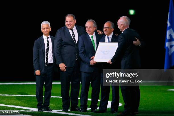 President Gianni Infantino poses with the United 2026 bid officials. Sunil Gulati president of the United States Soccer Federation , CONCACAF...