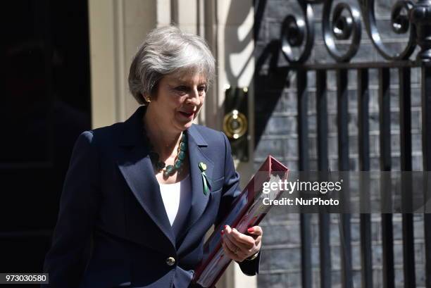 British Prime Minister Theresa May leaves Downing Street on June 13, 2018 in London, England. The Prime Minister will attend today the weekly Prime...