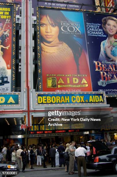 Ticketholders gather outside the Palace Theatre on Broadway this afternoon for the final performance of the musical "Aida." The show, which first...