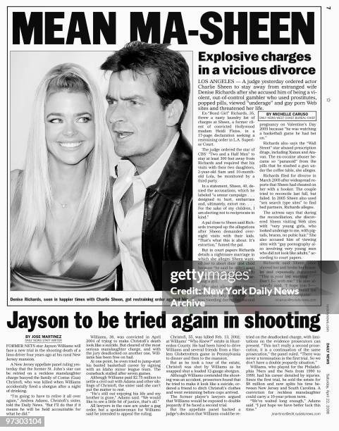 Daily News page 7 dated April 22 Headline: MEAN MA-SHEEN, Explosive charges in a vicious divorce, Denise Richards, seen in happier times with Charlie...