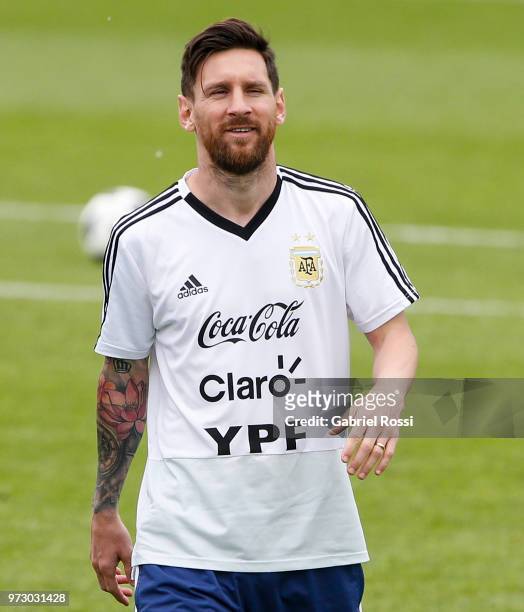 Lionel Messi of Argentina looks on during a training session at the team base camp on June 13, 2018 in Bronnitsy, Russia.