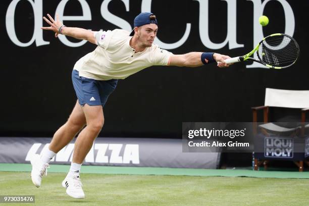 Maximilian Marterer of Germany plays a forehand to Viktor Galovic of Croatia Bernd Mahleruring day 3 of the Mercedes Cup at Tennisclub Weissenhof on...