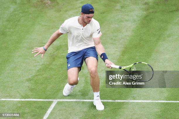 Maximilian Marterer of Germany plays a forehand to Viktor Galovic of Croatia Bernd Mahleruring day 3 of the Mercedes Cup at Tennisclub Weissenhof on...