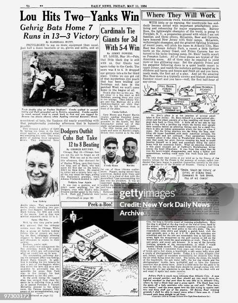 Daily News page 70 dated May 11 Headlines: Lou Hits Two - Yanks Win, Gehrig Bats Home 7 Run in 13 - 3 Victory, Lou Gehrig
