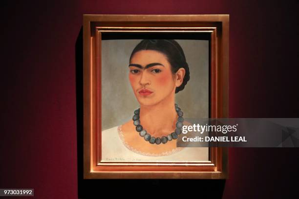 An artwork entitled 'Self-portrait with Necklace', by Frida Kahlo Detroit and New York, USA, is displayed during an exhibition entitled 'Frida Kahlo:...