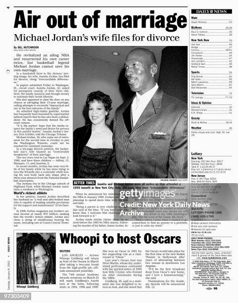 Daily News page January 8, 2002. Headline: Air out of marriage..Michael Jordon's wife files for divorce..Juanita Jordan and Michael Jordon