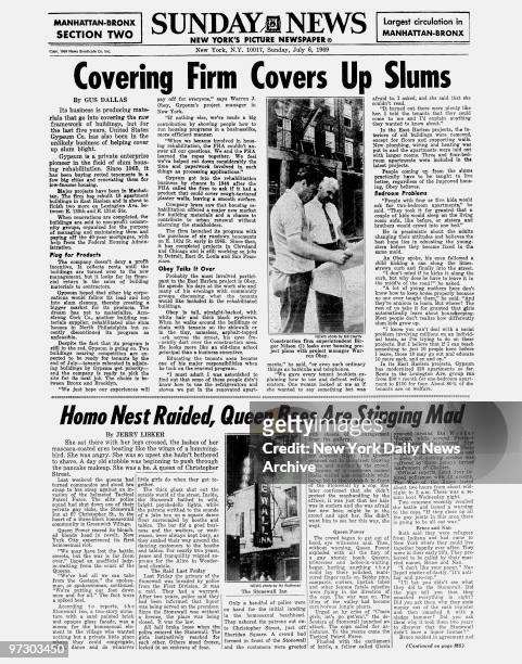 Daily News page M1 Section Two dated Sunday July 6, 1969..Headline: Covering Firm Covers Up Slums..Construction firm superintendent Birger Nilson...
