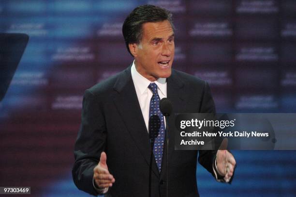 Massachusetts Gov. Mitt Romney speaks on the third day of the Republican National Convention at Madison Square Garden.