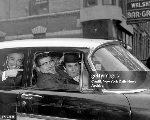 Gallo gang boys Frank Illiano, Joseph Musemeci and Albert Gallo Jr. Laugh as they drive from Bay Ridge Magistrate's Court, Brooklyn. Charged with...